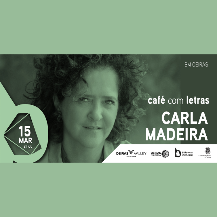 banner do evento café com letras, com a fotografia de Carla Madeira